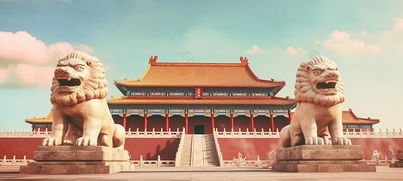中国故宫建筑午门门前两只石狮子国庆节插画,插画/手绘图,插画/手绘图库,插画/手绘图下载,插画/手绘